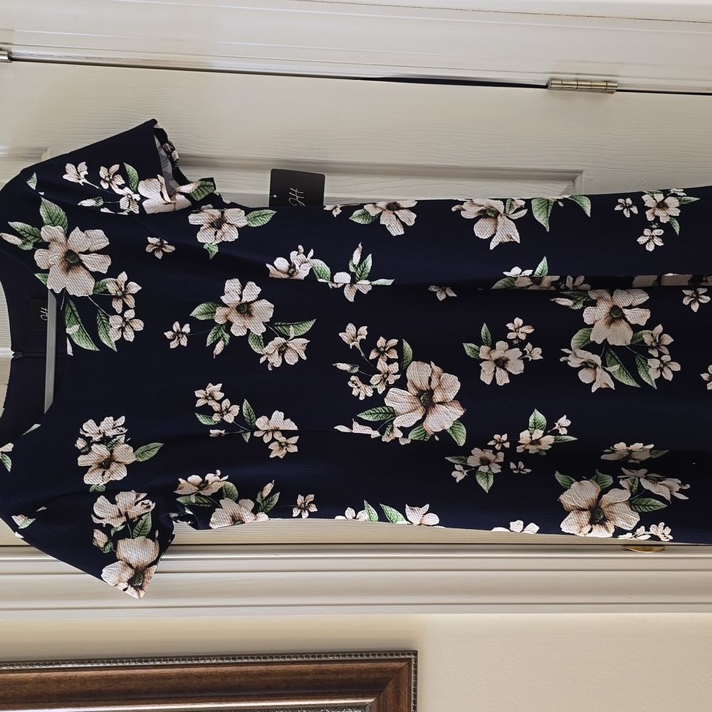 JH BRAND BRAND WOMEN'S PLUS SIZE NAVY BLUE & WHITE FLORAL DRESS SIZE 14